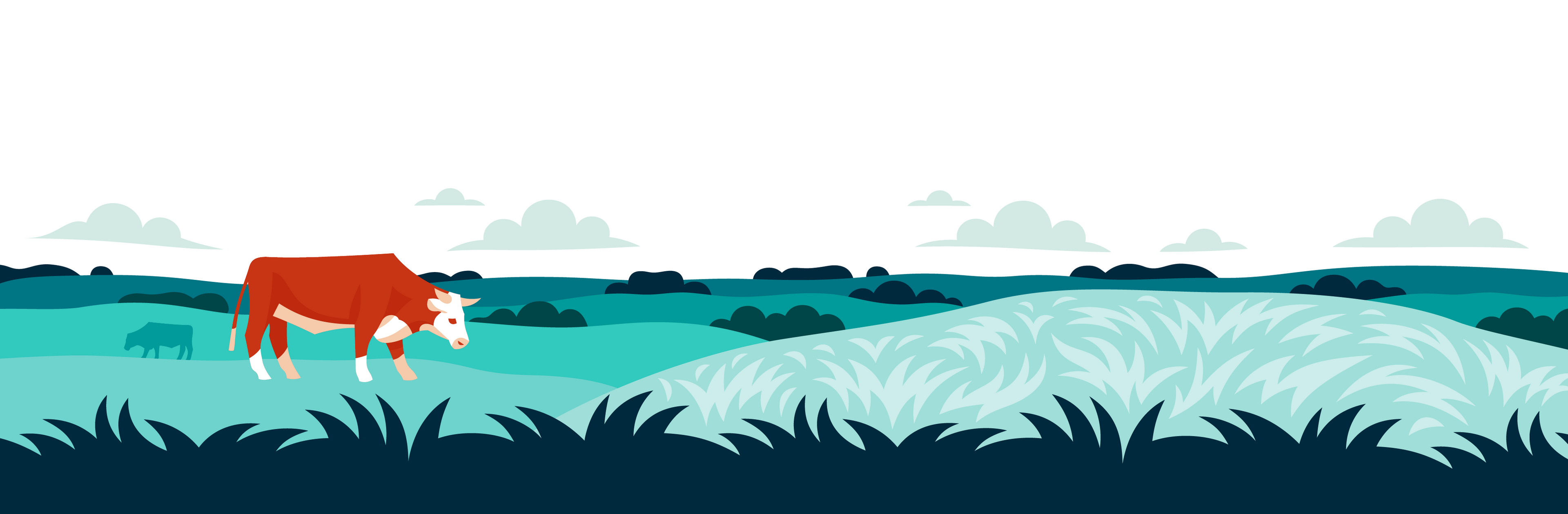 Cartoon cow standing in a field with mountains in the background